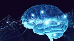 Concept de l’IA (Intelligence artificielle). Rendu 3D d'un cerveau humain et visualisation de connexions